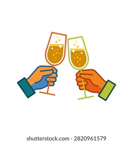 Illustration of two hands holding champagne flutes filled with bubbly liquid, clinking them together in a celebratory toast.