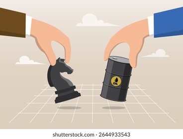 An illustration of two hands holding a chess knight and an oil barrel over a strategic grid, symbolizing the geopolitical game and strategic maneuvering involving oil resources