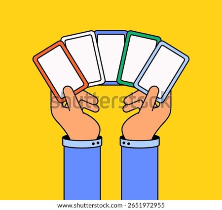 Illustration of two hands holding a fan of blank cards with colorful borders red, white, blue, green for symbolizing choice or selection