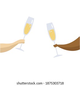 An illustration of two hands holding glasses of champagne. People cheering. Celebration concept. 