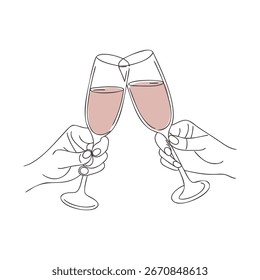 Ilustración de dos manos sosteniendo vasos de champán. Salud con copas de champán, tostadas, celebración
