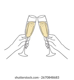 Ilustração de duas mãos segurando taças de champanhe. Saúde com taças de champanhe, brinde, celebração