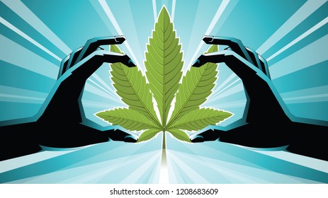 Illustration of two hands holding on cannabis. light under the green leaf vector.