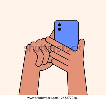 Illustration of two hands holding a smartphone, likely capturing a photo or recording video in cartoon hand drawn style for  content about technology, social media icon