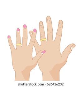 Illustration with two hands. Husband and wife. Left hands with golden rings