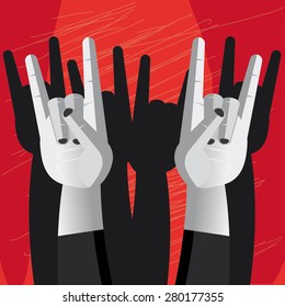 Illustration of two hands making the horn hand sign of rock and metal music over red and black background.