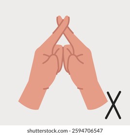 Illustration of two hands making an incorrect gesture with a cross mark indicating a warning. The image has a minimalistic design on a light background. Vector illustration