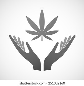 Illustration of two hands offering a marijuana leaf
