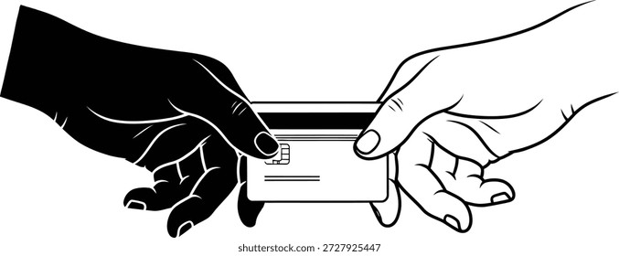 Illustration of two hands, one black and one white, exchanging a credit card. Depicts a financial transaction or transfer, shown in a clean, minimalist style.