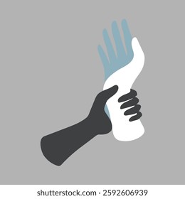 Illustration of two hands, one dark and one light, clasping each other. Symbolizes unity, support, and diversity. Emphasizes connection and mutual support. Vector illustration.