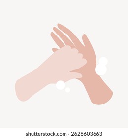 Illustration of two hands, one light-skinned and one dark-skinned, washing with soap bubbles. Handwashing concept, emphasizing hygiene and cleanliness. Health and wellness vector.