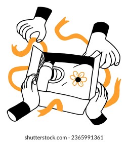 eine Illustration zweier Hände, die eine Schachtel öffnen
