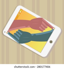 Illustration of two hands painting themselves in the screen of a mobile phone. The grunge texture is removable from the background. 