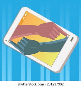 Illustration of two hands painting themselves in the screen of a mobile phone. The grunge texture is removable from the background.