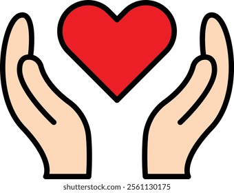 Illustration of two hands with palms facing upwards, holding a red heart, symbolizing care, love, and support. The simple, cartoon style conveys compassion, warmth, and charity.