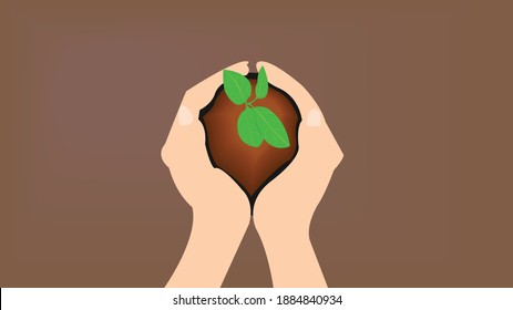 an illustration, two hands of a person carrying a bag of potted seeds to be planted in the ground
