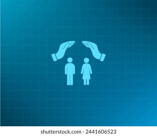 Illustration of two hands protecting or giving a female and man pictogram