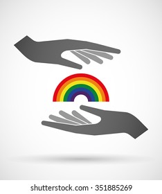 Illustration of two hands protecting or giving a rainbow