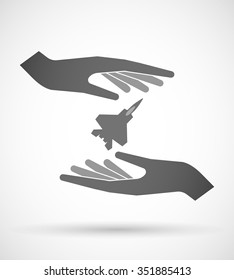 Illustration of two hands protecting or giving a combat plane