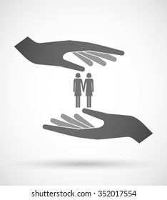 Illustration of two hands protecting or giving a lesbian couple pictogram