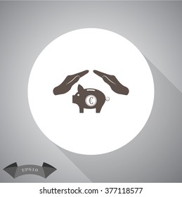 Illustration of two hands protecting or giving a euro piggy bank