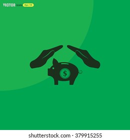 Illustration of two hands protecting or giving a dollar piggy bank