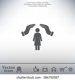 Illustration of two hands protecting or giving a female pictogram