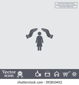 Illustration of two hands protecting or giving a female pictogram