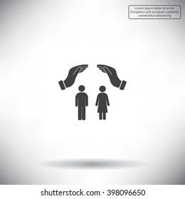 Illustration of two hands protecting or giving a female and man pictogram