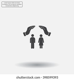 Illustration of two hands protecting or giving a female and man pictogram