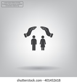 Illustration of two hands protecting or giving a female and man pictogram