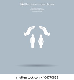 Illustration of two hands protecting or giving a female and man pictogram