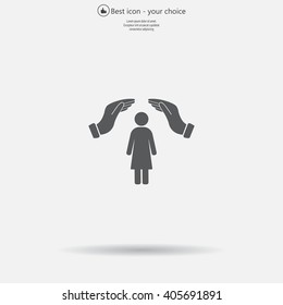 Illustration of two hands protecting or giving a female pictogram