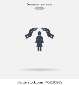 Illustration of two hands protecting or giving a female pictogram