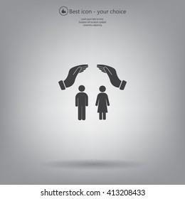 Illustration of two hands protecting or giving a female and man pictogram