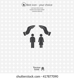 Illustration of two hands protecting or giving a female and man pictogram