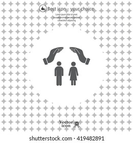 Illustration of two hands protecting or giving a female and man pictogram