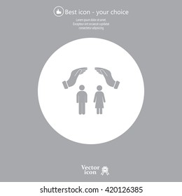 Illustration of two hands protecting or giving a female and man pictogram