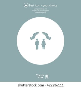 Illustration of two hands protecting or giving a female and man pictogram