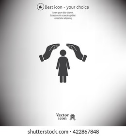 Illustration of two hands protecting or giving a female pictogram