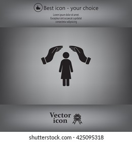Illustration of two hands protecting or giving a female pictogram