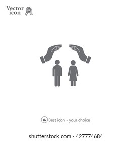 Illustration of two hands protecting or giving a female and man pictogram