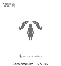 Illustration of two hands protecting or giving a female pictogram