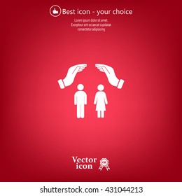 Illustration of two hands protecting or giving a female and man pictogram