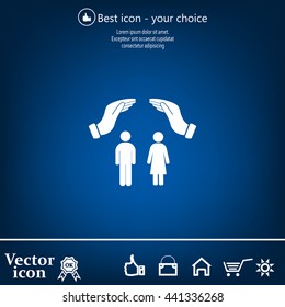 Illustration of two hands protecting or giving a female and man pictogram