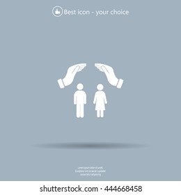 Illustration of two hands protecting or giving a female and man pictogram