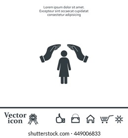 Illustration of two hands protecting or giving a female pictogram
