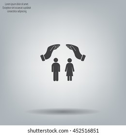 Illustration of two hands protecting or giving a female and man pictogram