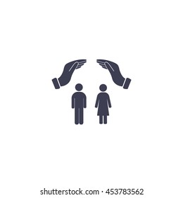Illustration of two hands protecting or giving a female and man pictogram