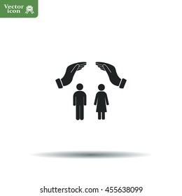 Illustration of two hands protecting or giving a female and man pictogram